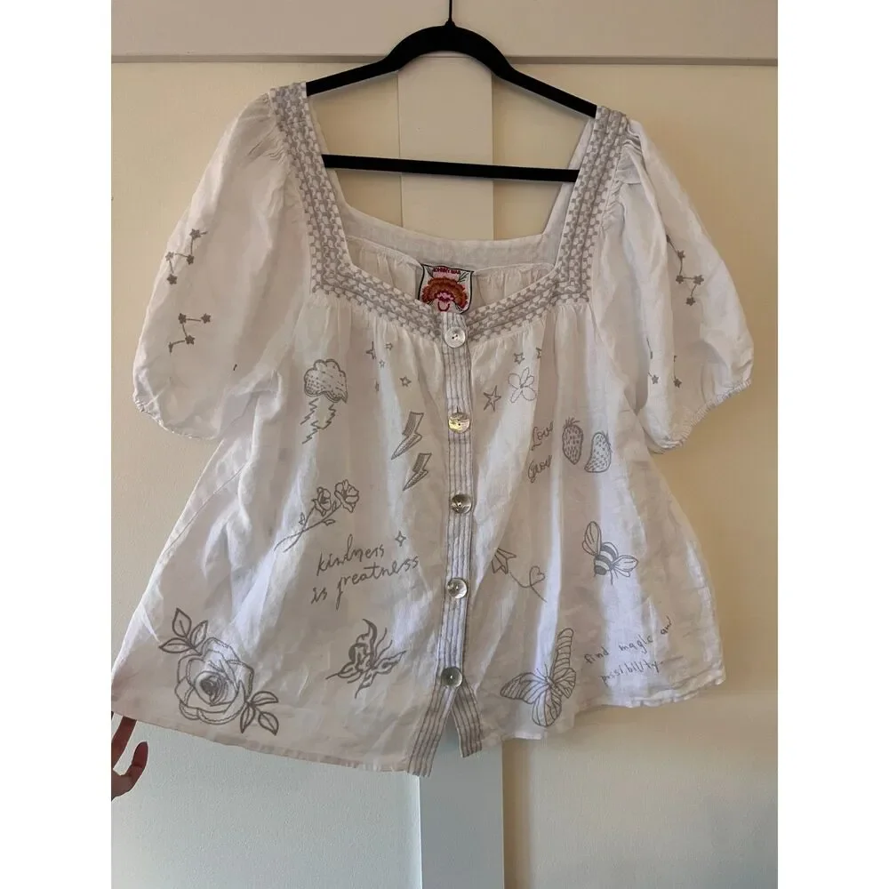 Johnny Was Sovanna Wander Embroidered Linen Top White Square Neck Blouse